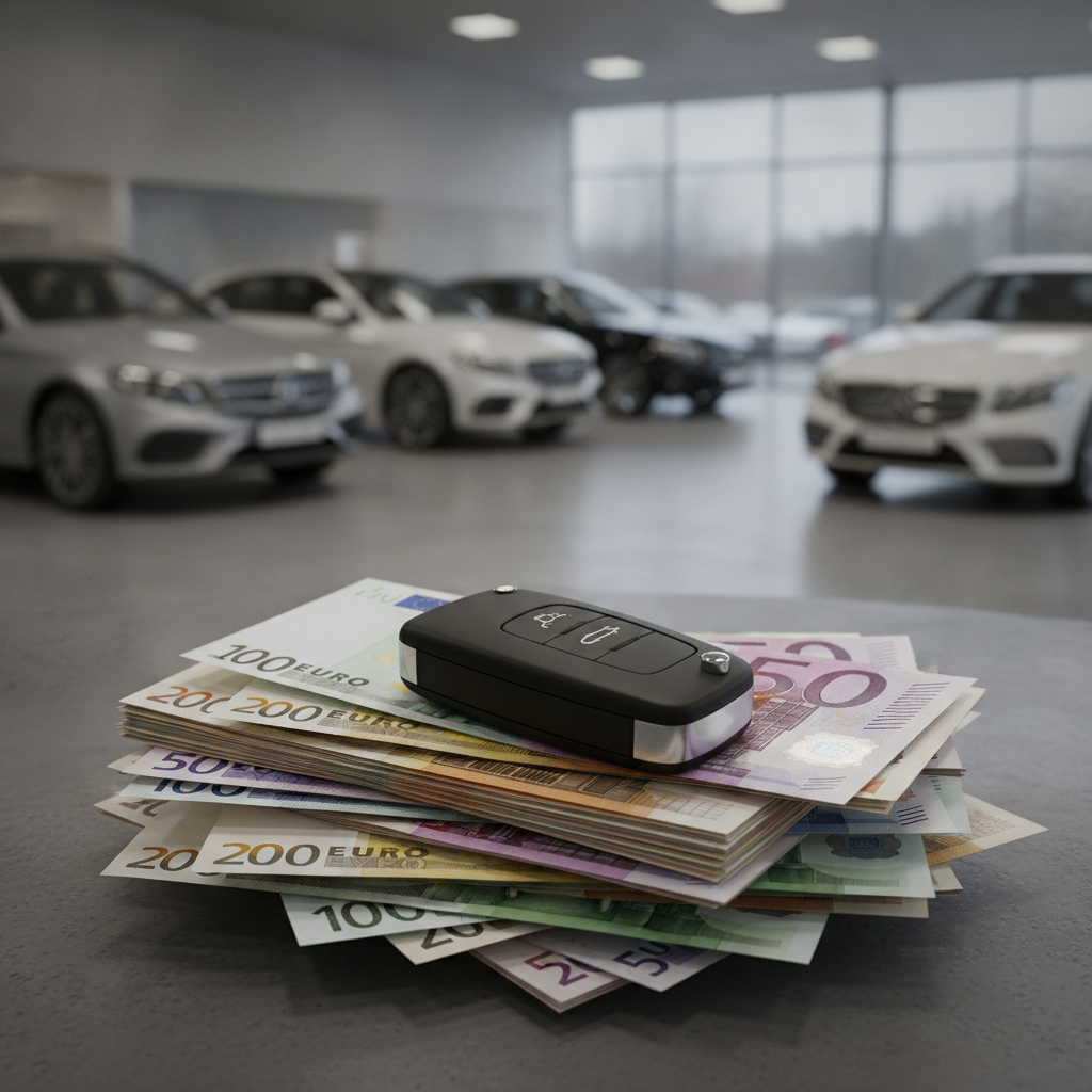 Clé de voiture posée sur une pile de billets en euros, symbolisant l'augmentation du prix des voitures neuves.