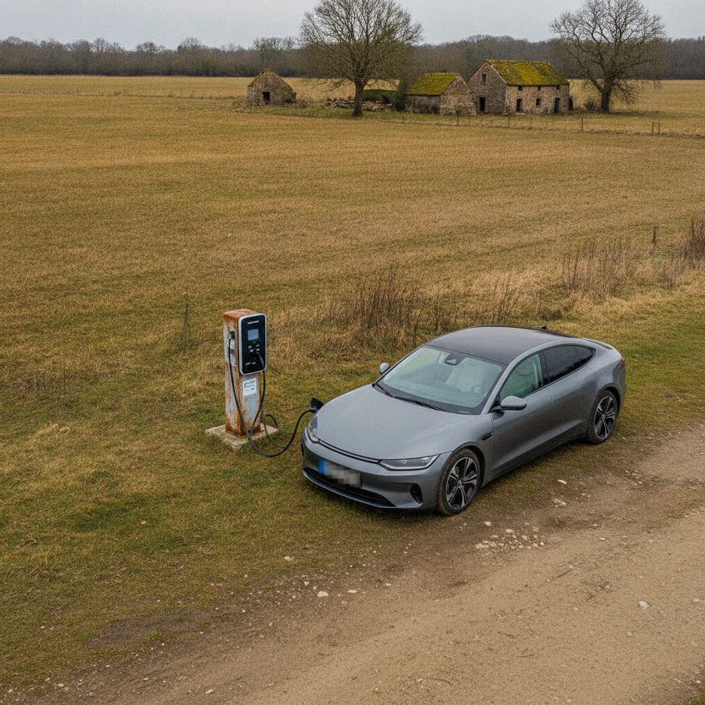 Une voiture électrique en train de charger dans un environnement rural français, avec une infrastructure limitée et peu fiable.