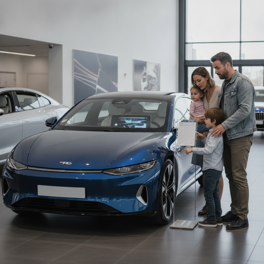 Une famille française modeste regarde avec inquiétude une voiture électrique chère dans un concessionnaire.