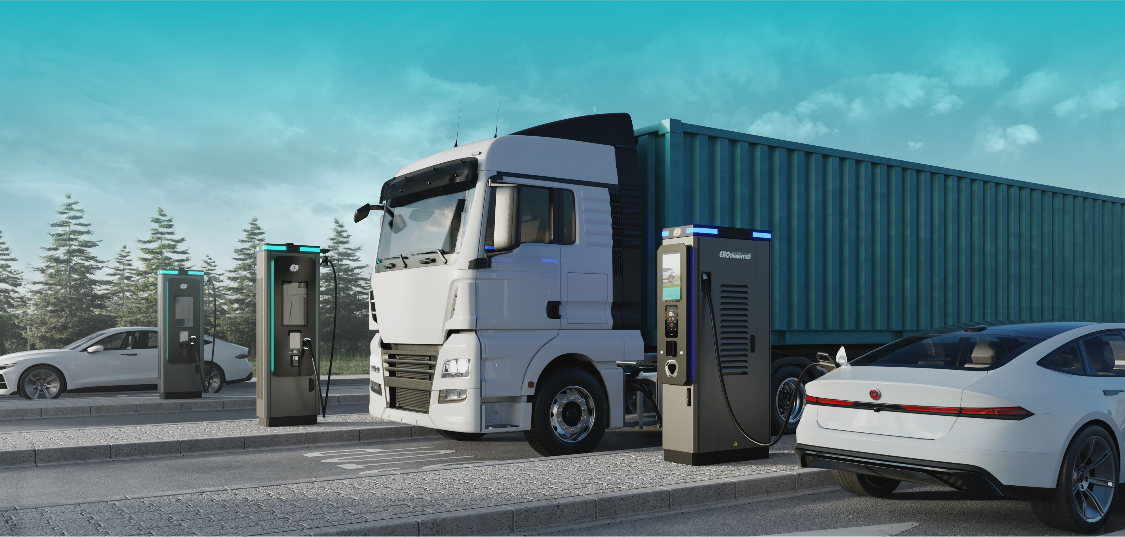 Vue d'une station de recharge e-Vadea avec des camions électriques branchés, montrant des bornes de recharge ultra-rapides et un environnement autoroutier.