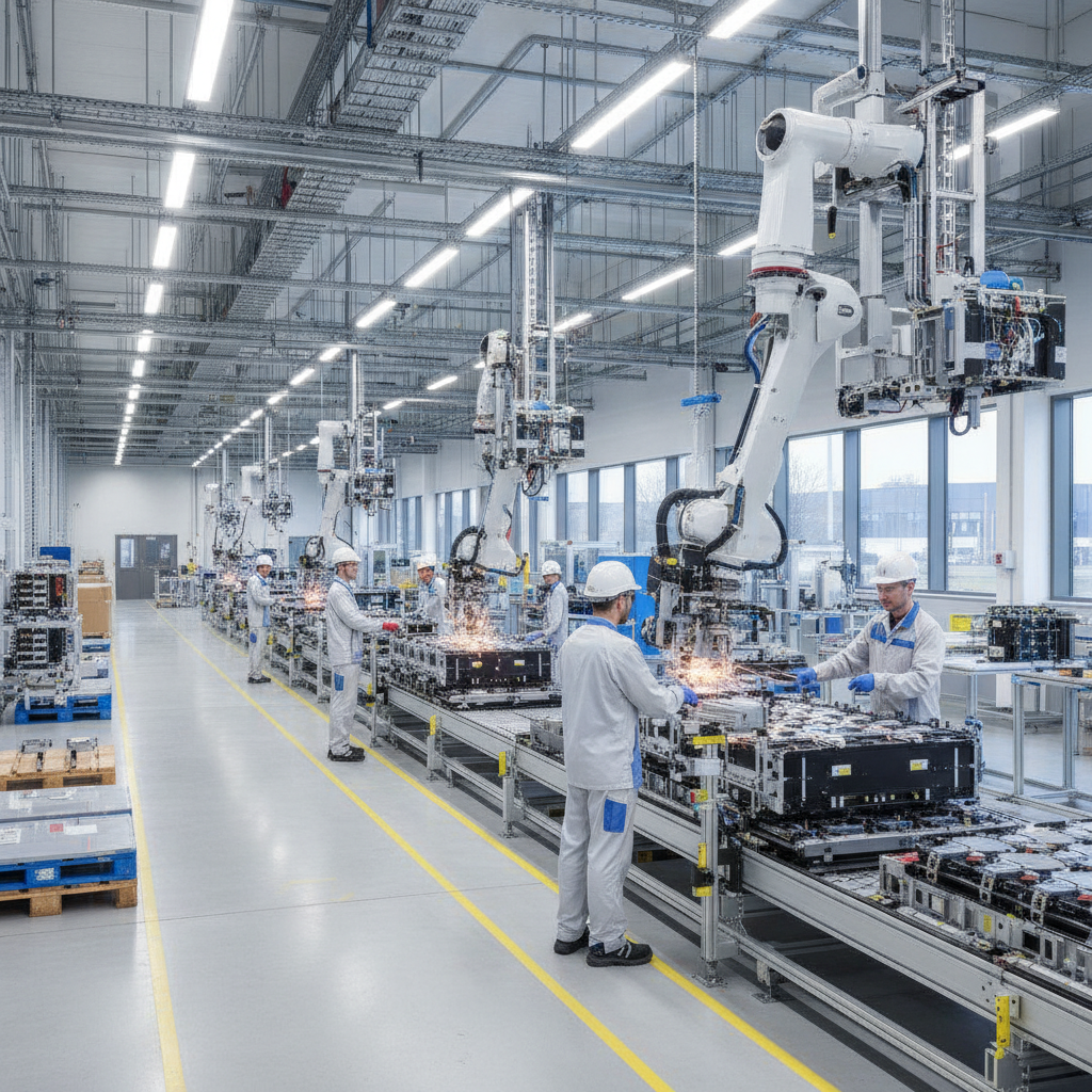 Vue intérieure d'une usine de fabrication de batteries Volkswagen à Salzgitter, avec des robots et des ouvriers assemblant des composants.