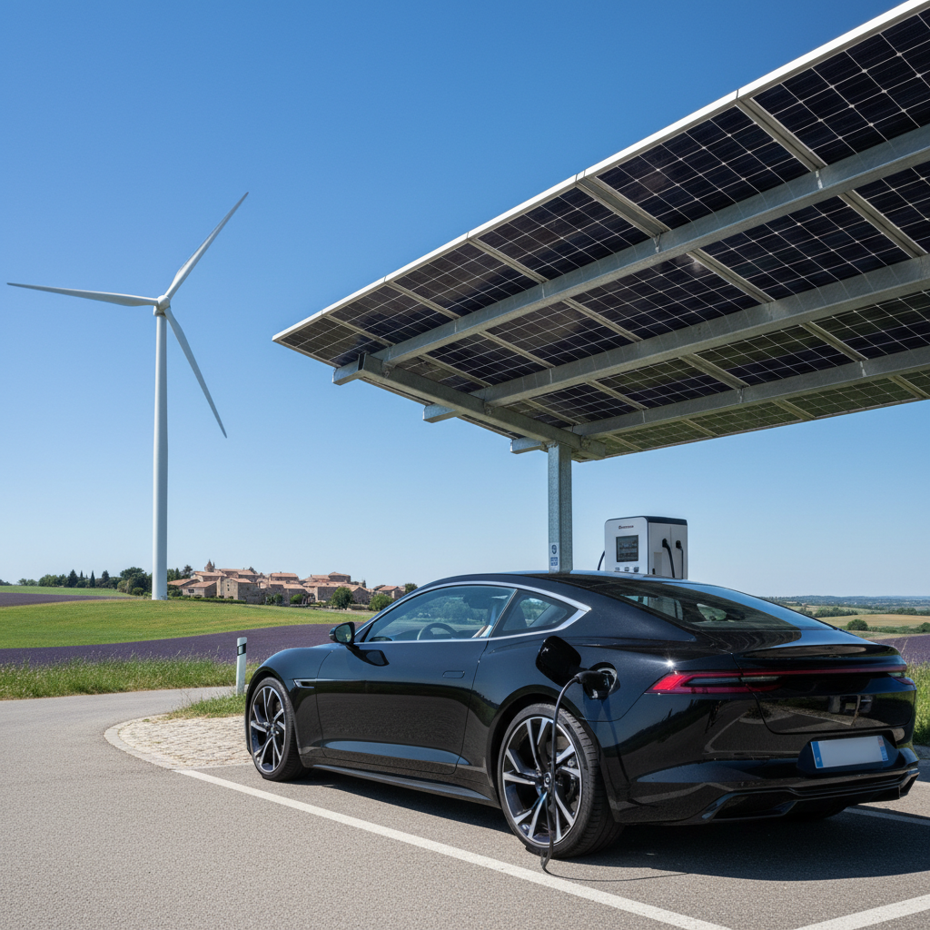 Une voiture électrique se rechargeant à une borne alimentée par des énergies renouvelables, avec un paysage français en arrière-plan.