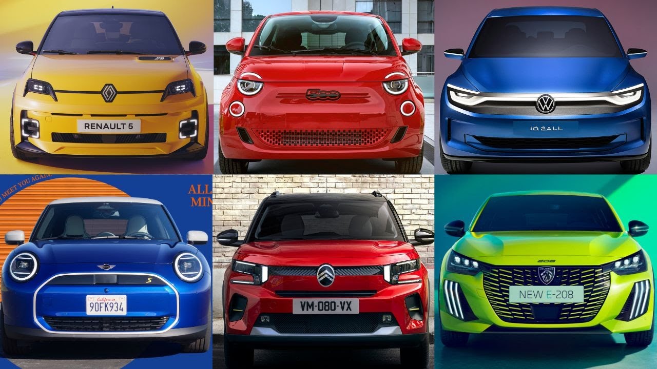 Trois voitures électriques françaises, la Renault 5 E-Tech, la Peugeot e-208 et la Citroën ë-C3, garées dans une rue urbaine.