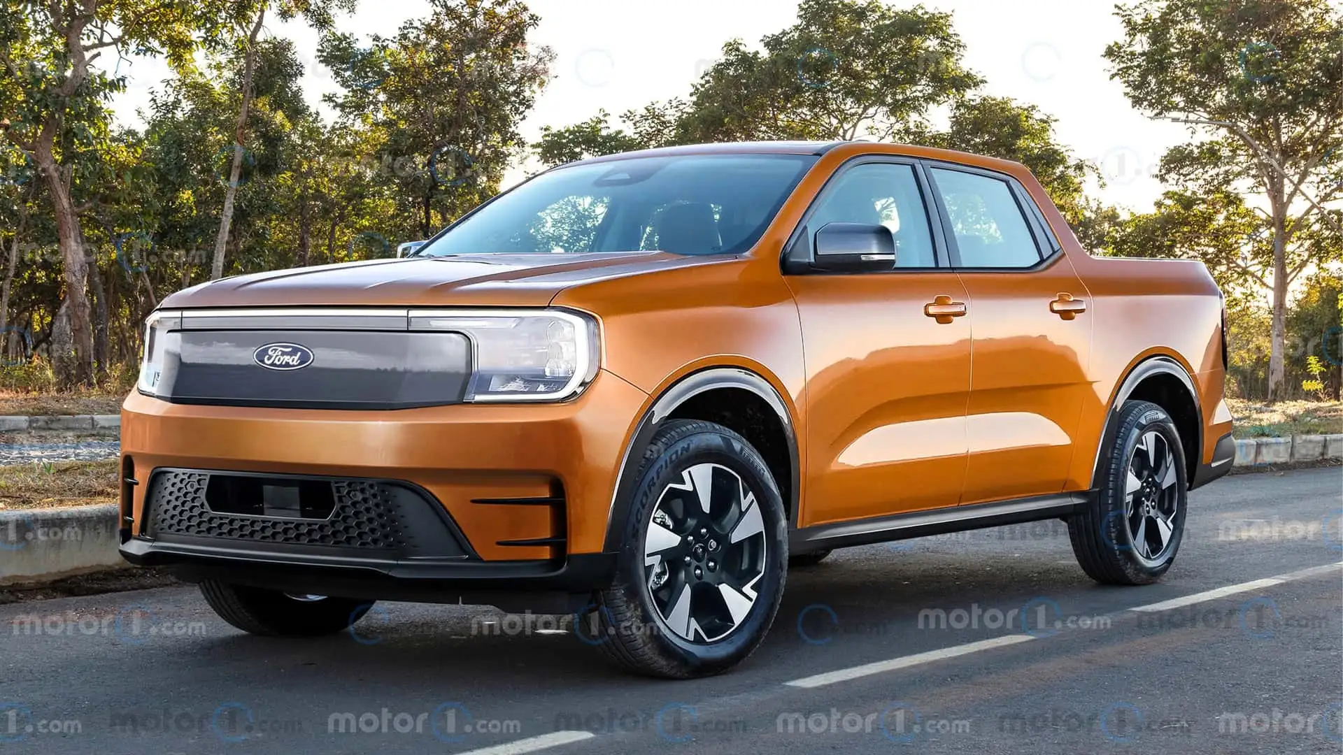 Un pickup électrique Ford argenté, au design futuriste et aérodynamique, garé dans une rue de ville moderne au crépuscule.