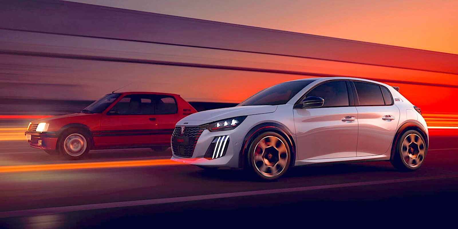 Trois véhicules électriques populaires, la Renault 5 électrique, la Peugeot e-208 et la Tesla Model Y, roulant sur une route française.