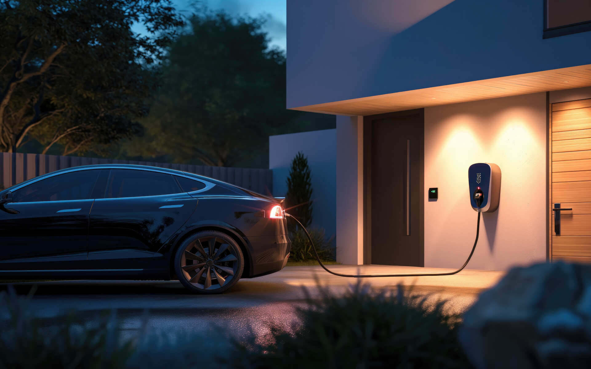 Une voiture électrique branchée à une borne de recharge dans un garage résidentiel, la nuit.