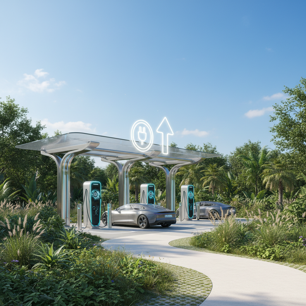 Une borne de recharge de voiture électrique avec un panneau indiquant 'recharge gratuite' dans un environnement urbain verdoyant.