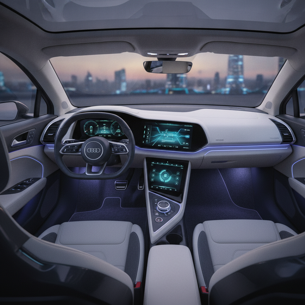Intérieur d'une Audi A2 e-tron, avec un tableau de bord futuriste, un grand écran tactile central, un éclairage d'ambiance et des matériaux de haute qualité.