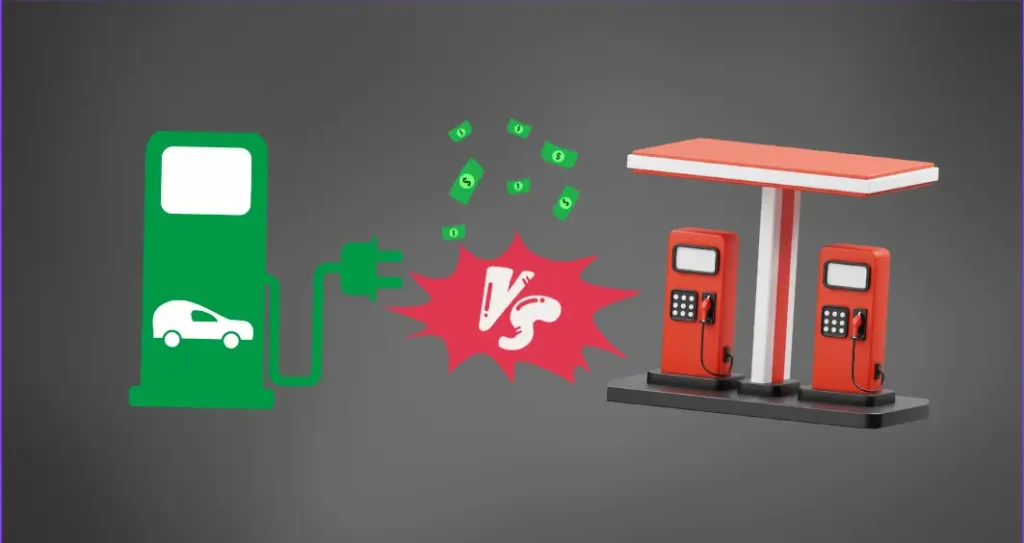 Comparaison visuelle entre la recharge d'un véhicule électrique à domicile et le ravitaillement d'une voiture à essence à une station-service.