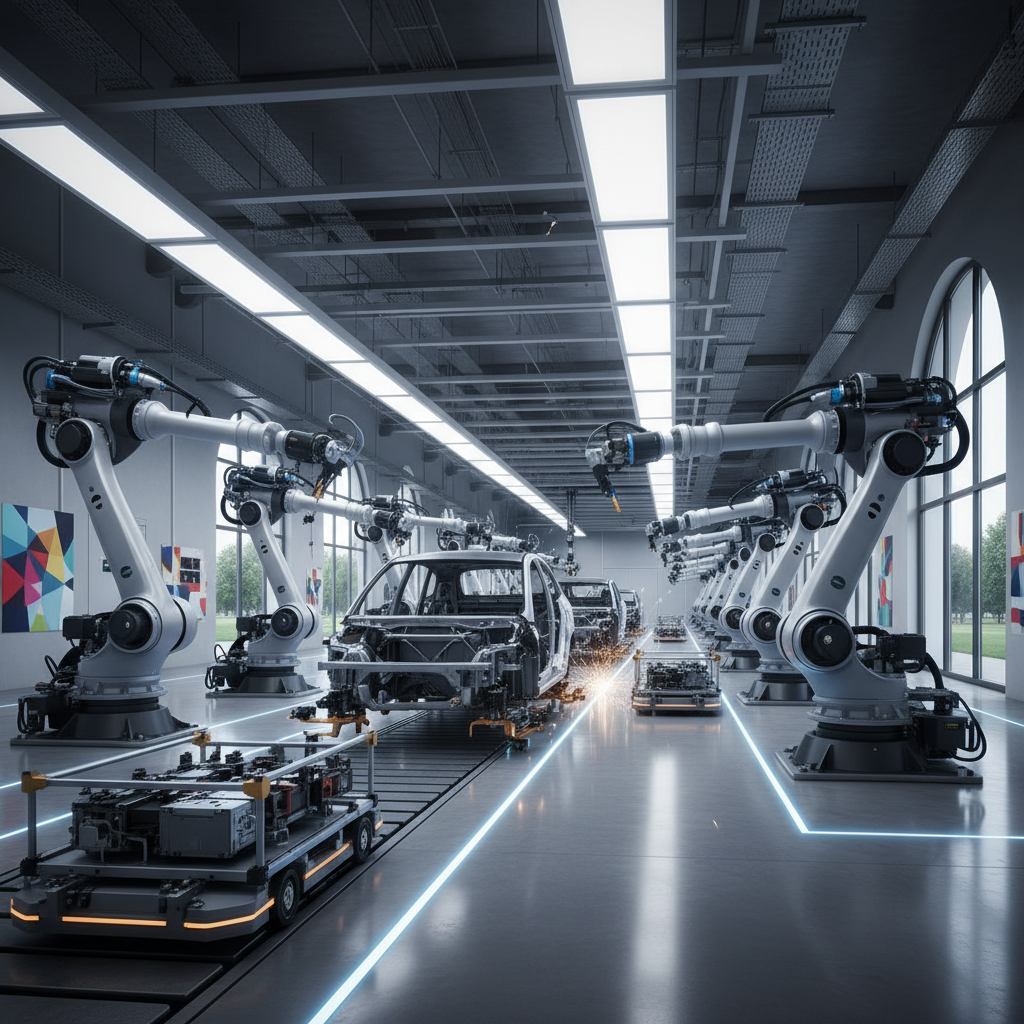 Photo d'une usine de fabrication de voitures électriques en Allemagne, avec des robots assemblant des véhicules.