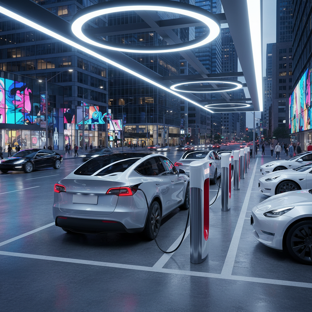 Un Tesla Model Y blanc en charge sur une borne Supercharger aux États-Unis, avec d'autres véhicules Tesla en arrière-plan.