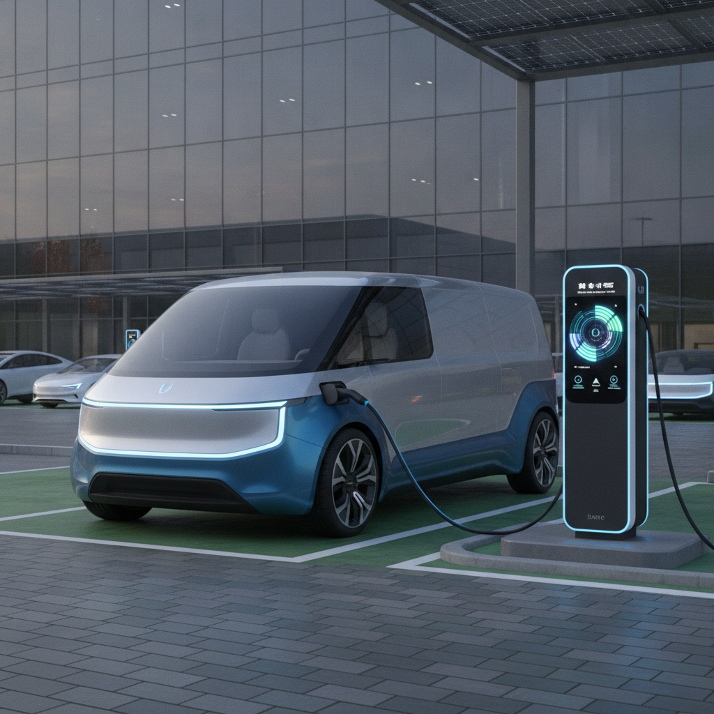 Un fourgon utilitaire électrique est branché à une borne de recharge rapide dans un environnement urbain.