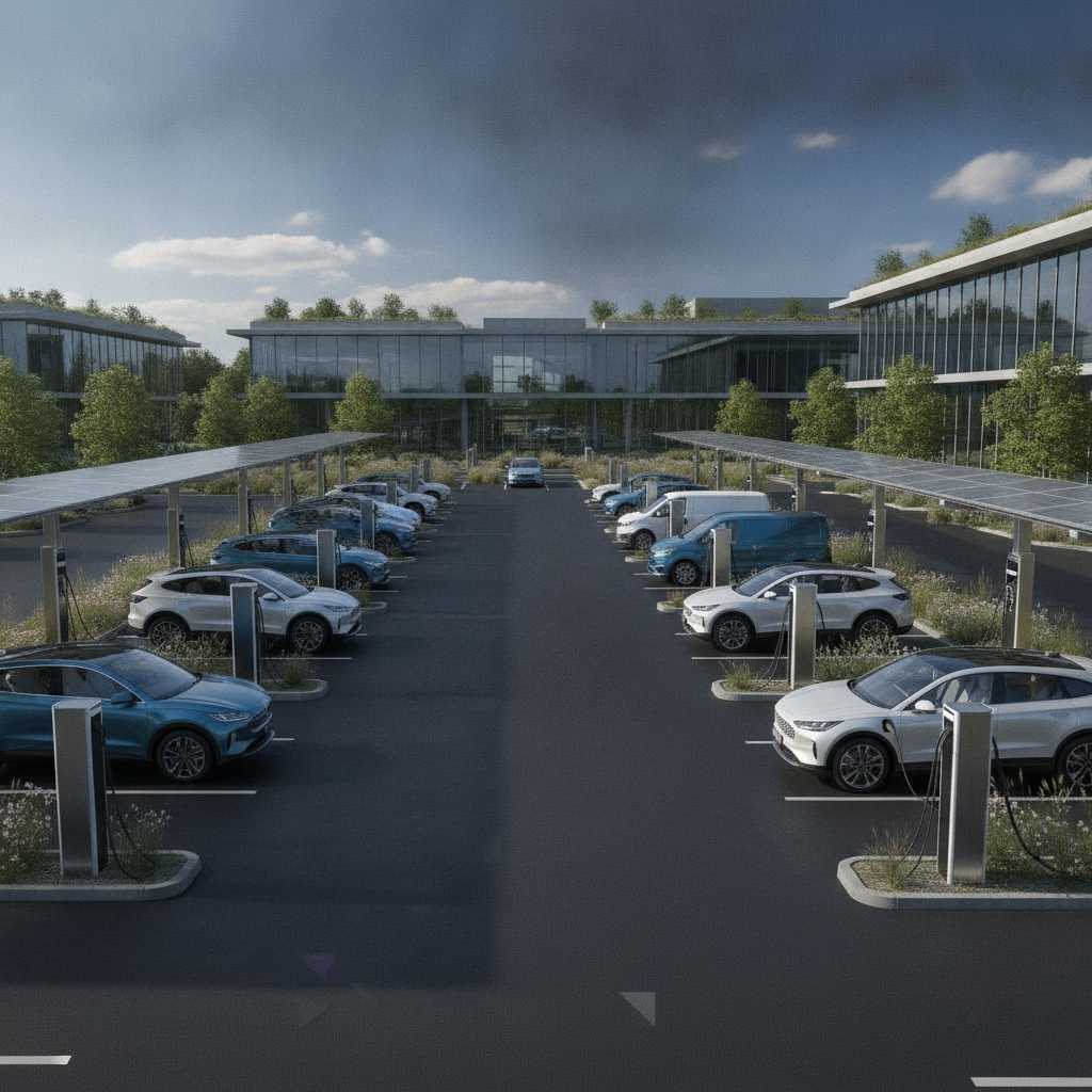 Plusieurs voitures et fourgonnettes électriques d'entreprise sont garées et connectées à des bornes de recharge dans un parking moderne.