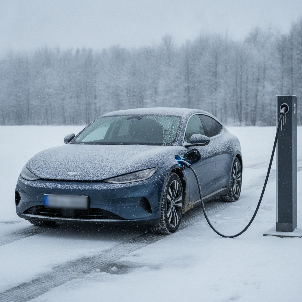 Une voiture électrique blanche est branchée à une borne de recharge sous la neige, illustrant l'impact de la température sur la batterie.