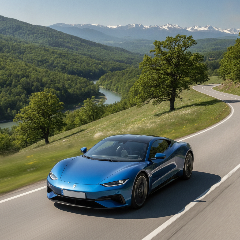 Une voiture électrique de couleur métallique roule sur une route de campagne, entourée de verdure, symbolisant une conduite efficace.