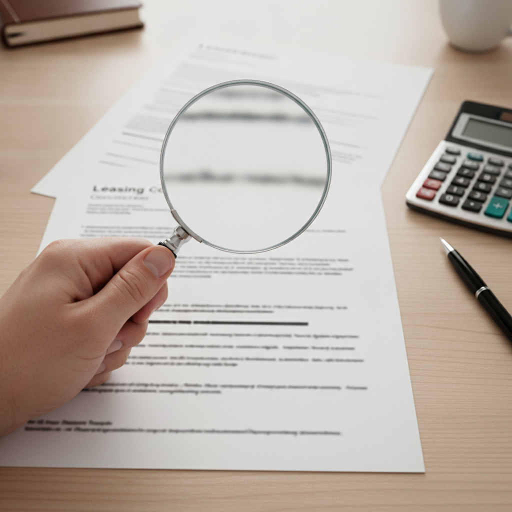 Une main tient une loupe au-dessus de deux contrats de leasing ouverts sur un bureau en bois, avec un stylo et une calculatrice à proximité.