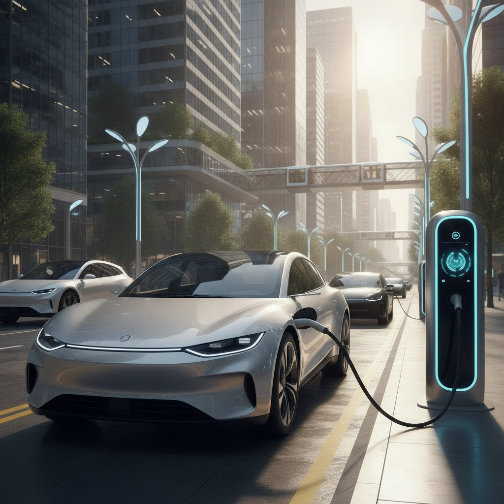 Une voiture électrique argentée est branchée à une borne de recharge, avec d'autres véhicules électriques en arrière-plan dans un environnement urbain moderne.
