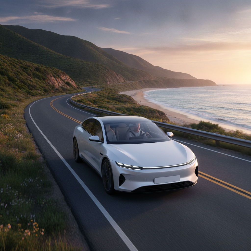 Une voiture électrique roule sur une route de campagne sinueuse, entourée d'arbres verts. Le ciel est bleu avec quelques nuages blancs.