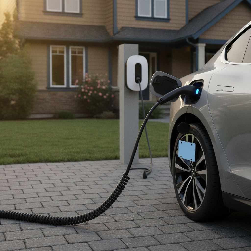 Une voiture électrique blanche est garée dans une allée et est branchée à une borne de recharge murale. Le câble de recharge est visible et le voyant de charge est allumé.