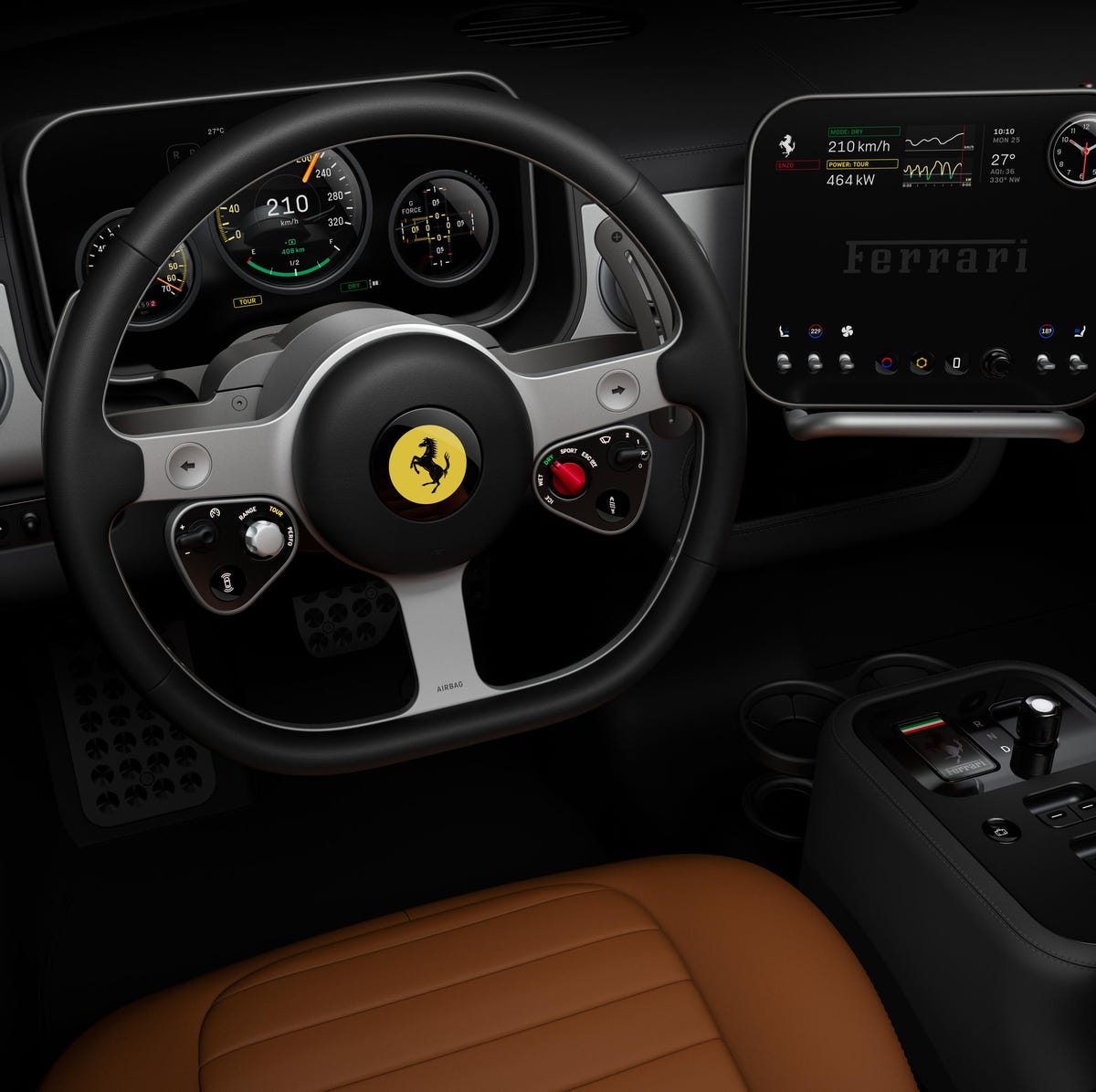 Gros plan sur le volant et le tableau de bord Binnacle de la Ferrari Luce, montrant les cadrans ronds et les palettes en aluminium.