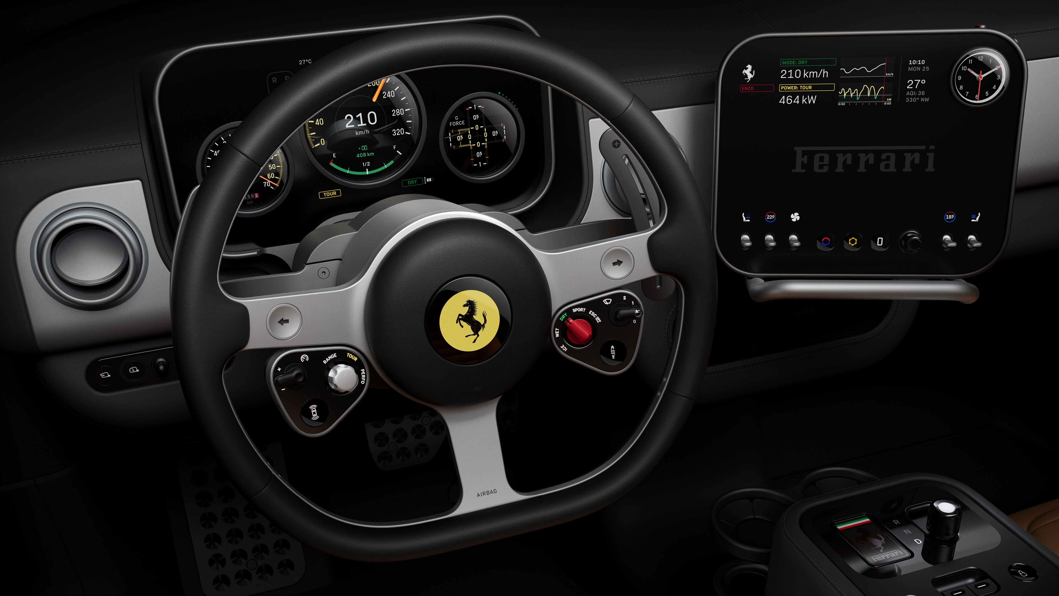 Vue détaillée du tableau de bord de la Ferrari Luce, mettant en évidence les matériaux haut de gamme et le design épuré.