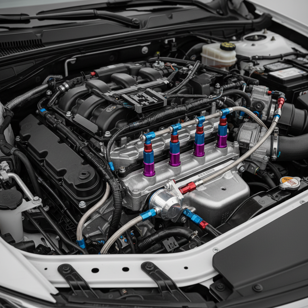 Photographie détaillée d'un kit de conversion E85 installé dans le moteur d'une voiture.