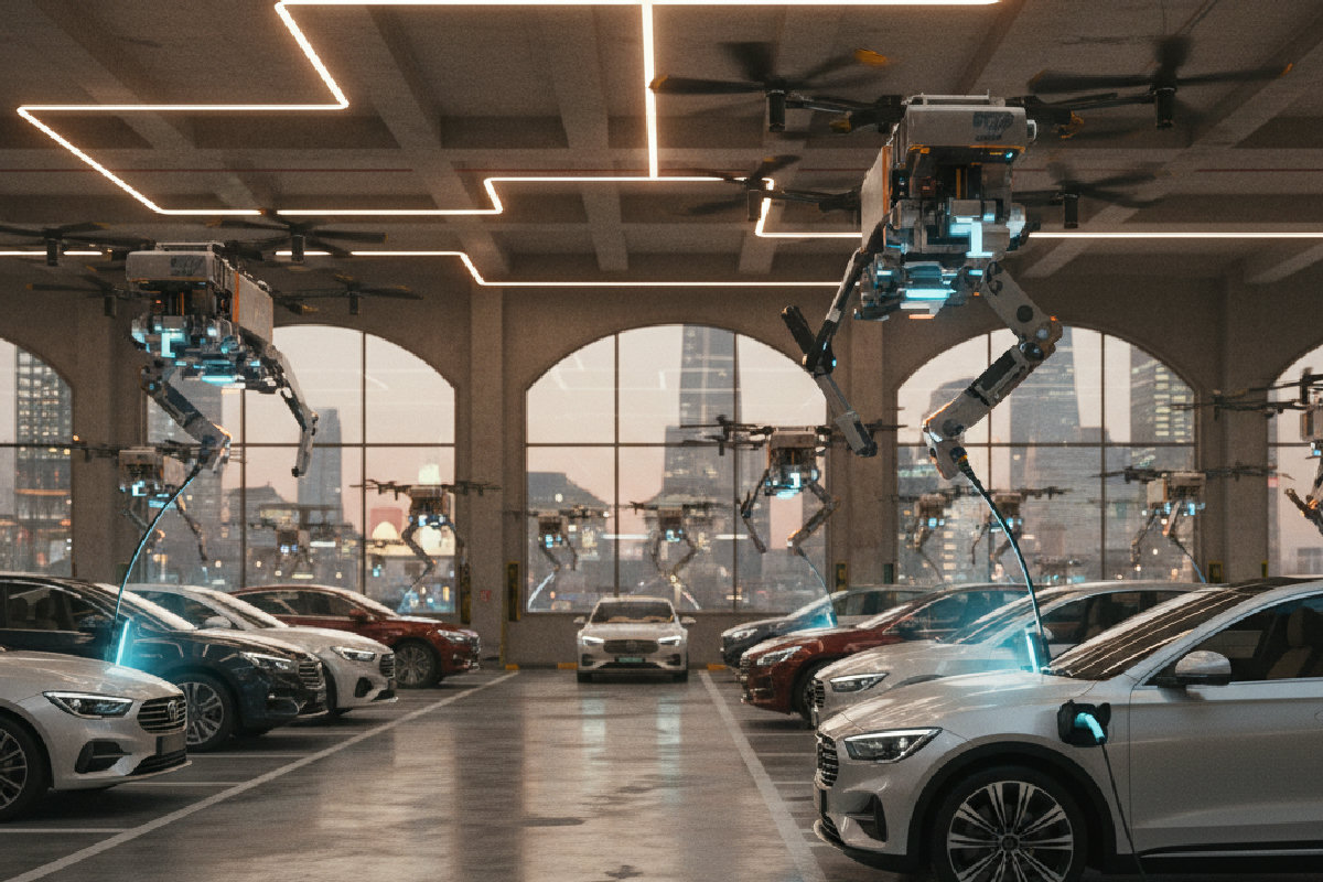 Chine : des robots volants au plafond révolutionnent la recharge des voitures électriques !