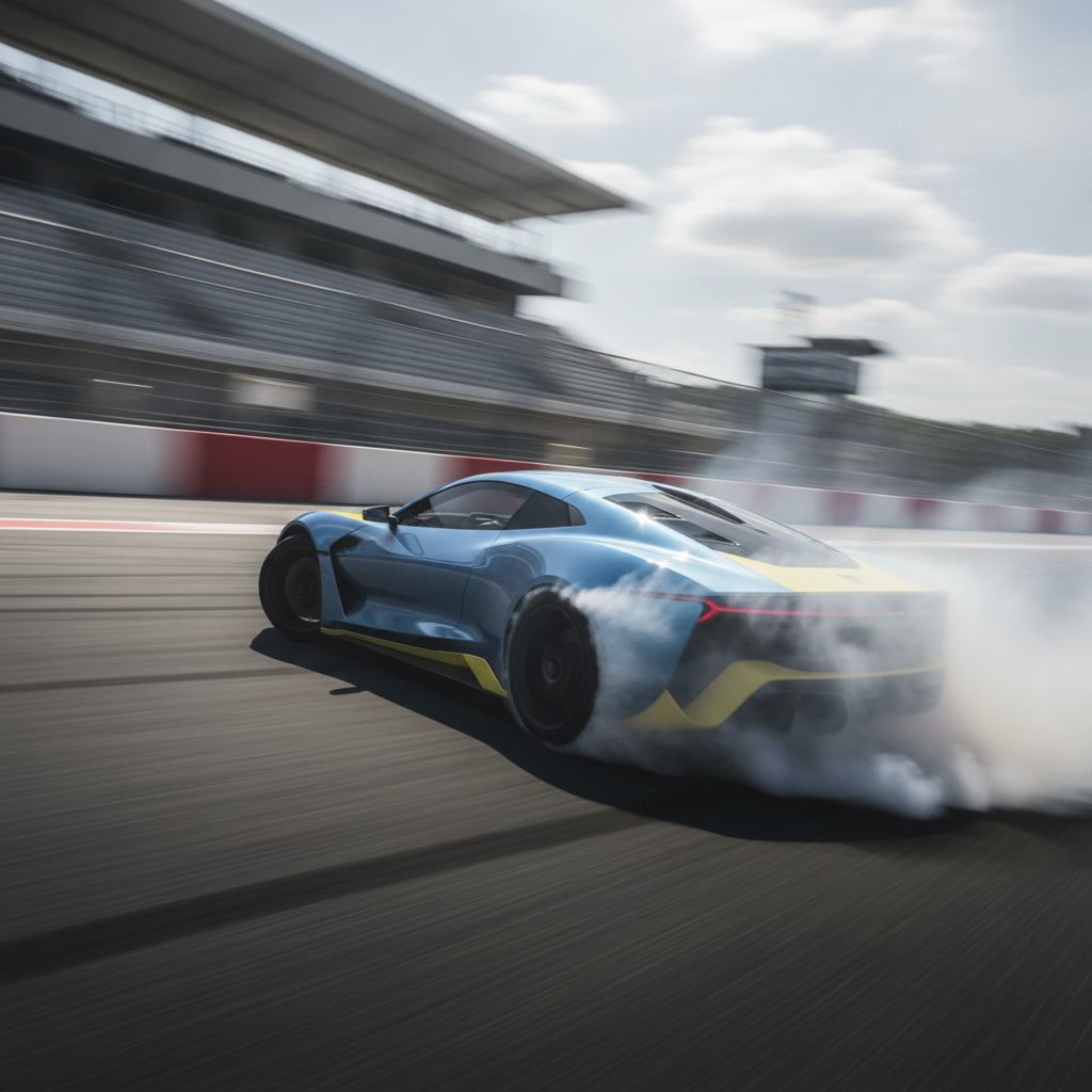 Une voiture de sport blanche en train de drifter sur un circuit, avec de la fumée s'échappant des pneus arrière.