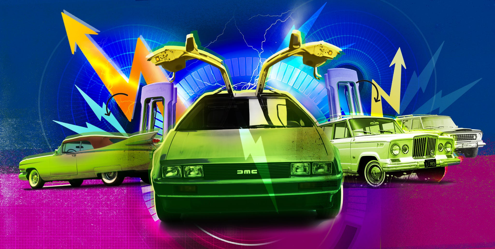 Une voiture vintage convertie en électrique roulant sur une route pittoresque, avec une interface de réseau social superposée montrant une vidéo virale de sa transformation.