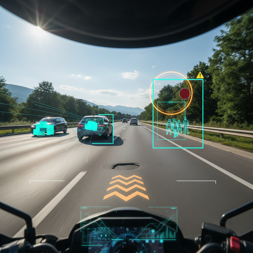 Un système de vision par ordinateur basé sur l'IA pour motos, affichant des superpositions de réalité augmentée pour identifier les objets et les dangers sur la route.