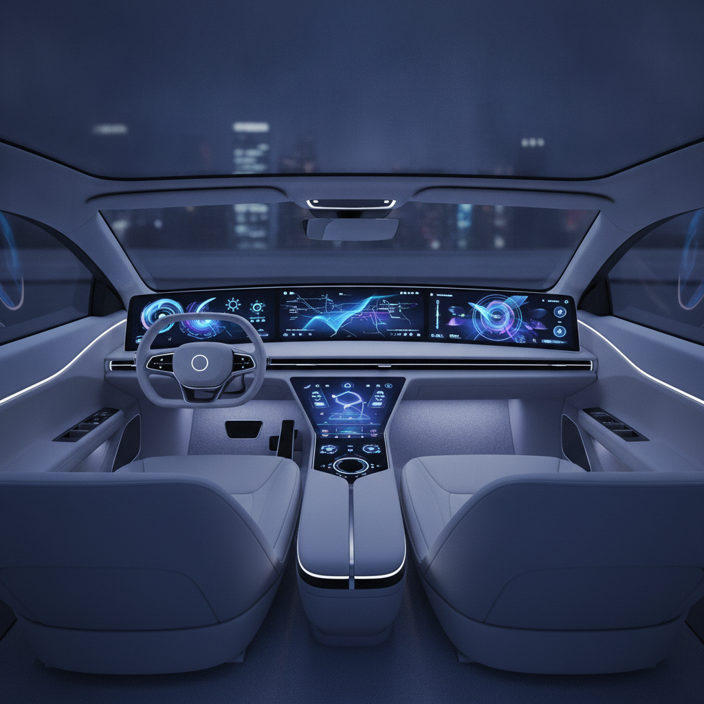 L'intérieur d'une voiture électrique futuriste avec de grands écrans numériques intégrés et un éclairage ambiant.