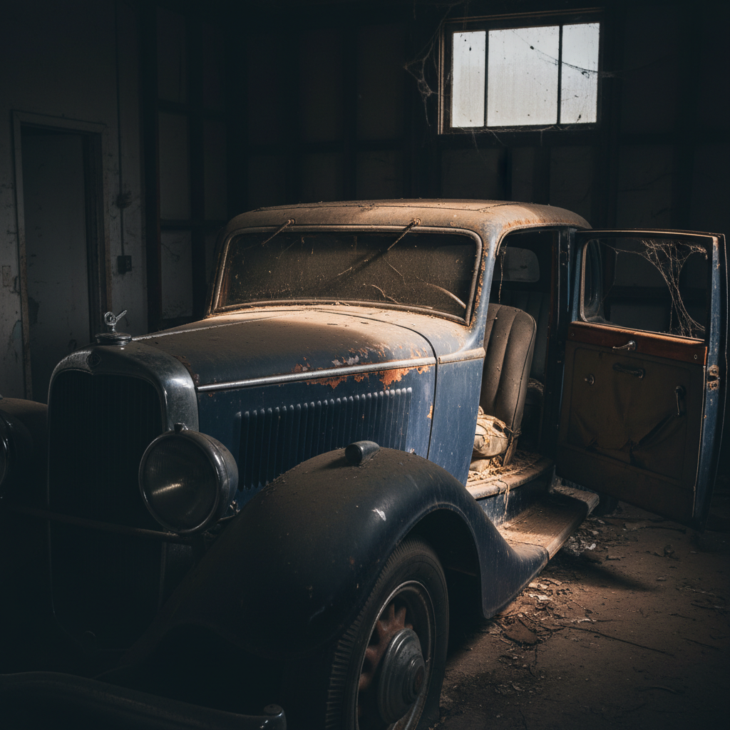 Gros plan sur une voiture vintage rare et abîmée, trouvée dans un garage abandonné, montrant des détails de rouille et de peinture écaillée.