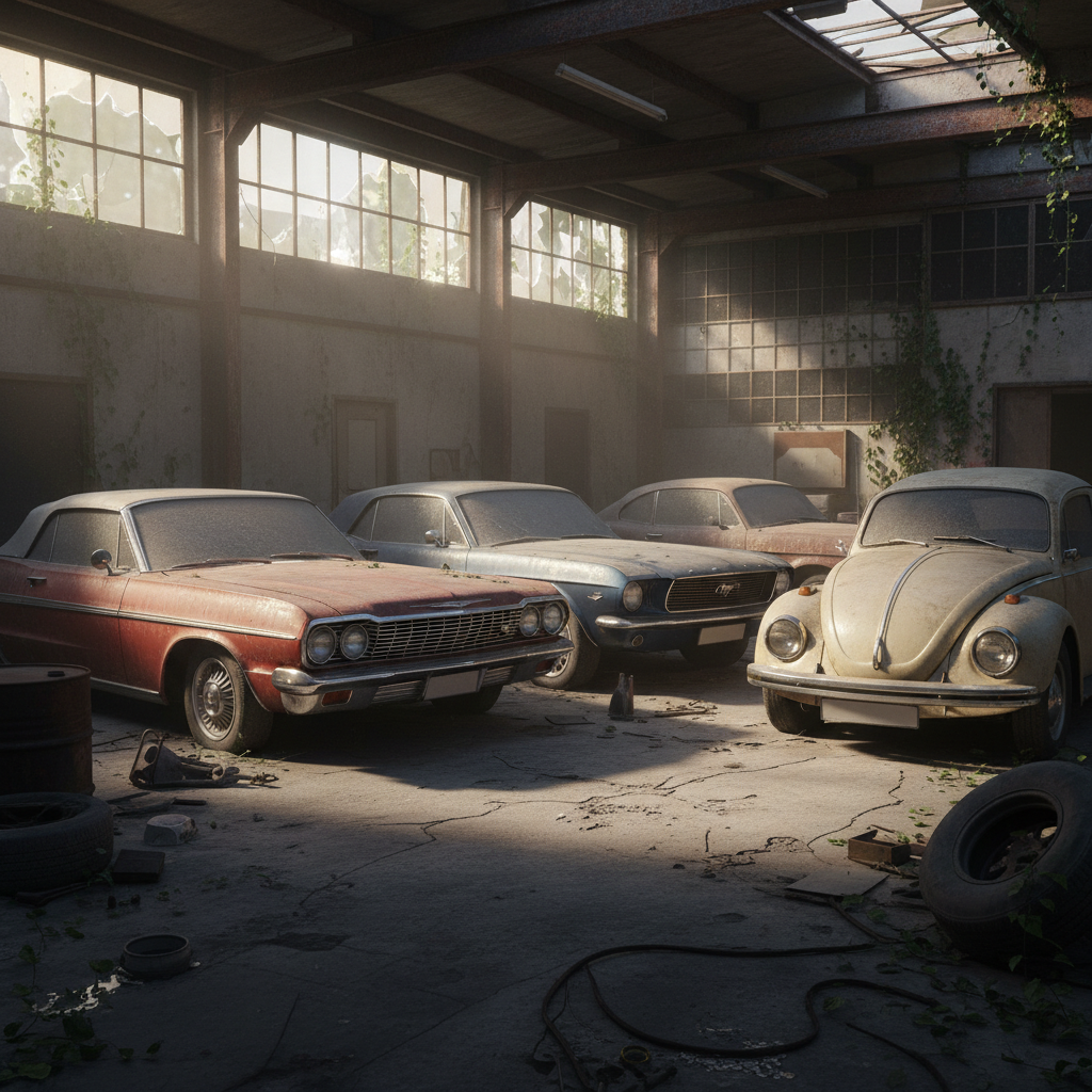 Image d'un garage abandonné avec des voitures anciennes recouvertes de poussière, éclairé par des rayons de soleil traversant des fenêtres brisées.