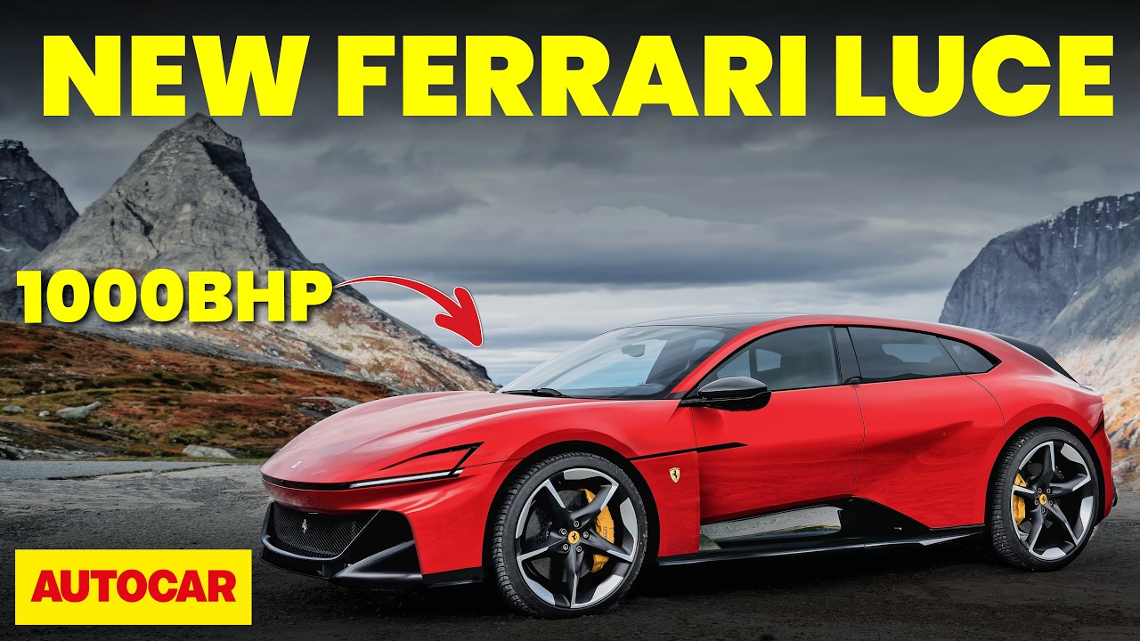 Une Ferrari Luce électrique rouge, au design futuriste, garée devant un bâtiment moderne.