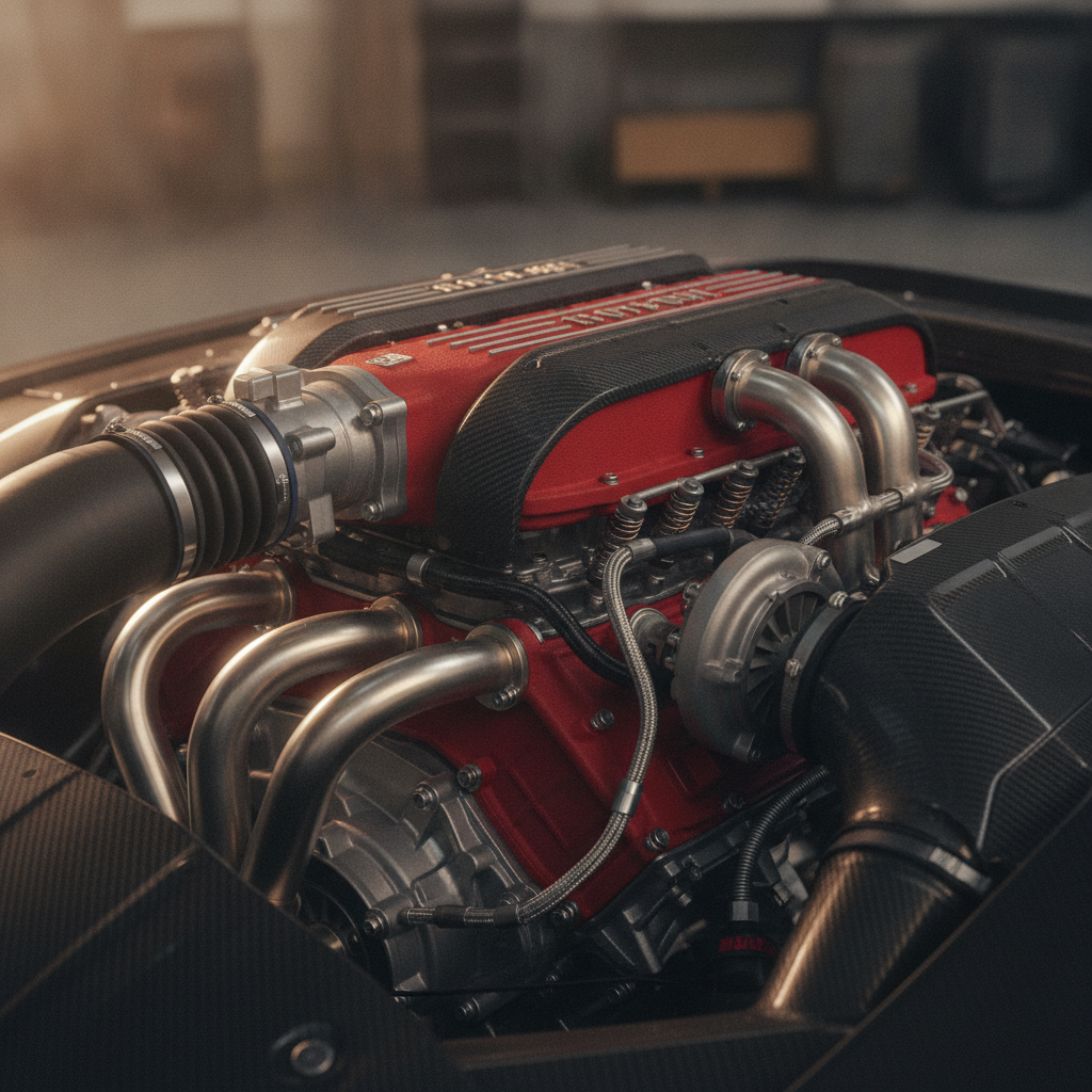 Gros plan détaillé d'un moteur V8 de Ferrari, symbolisant la puissance et le son traditionnel de la marque.