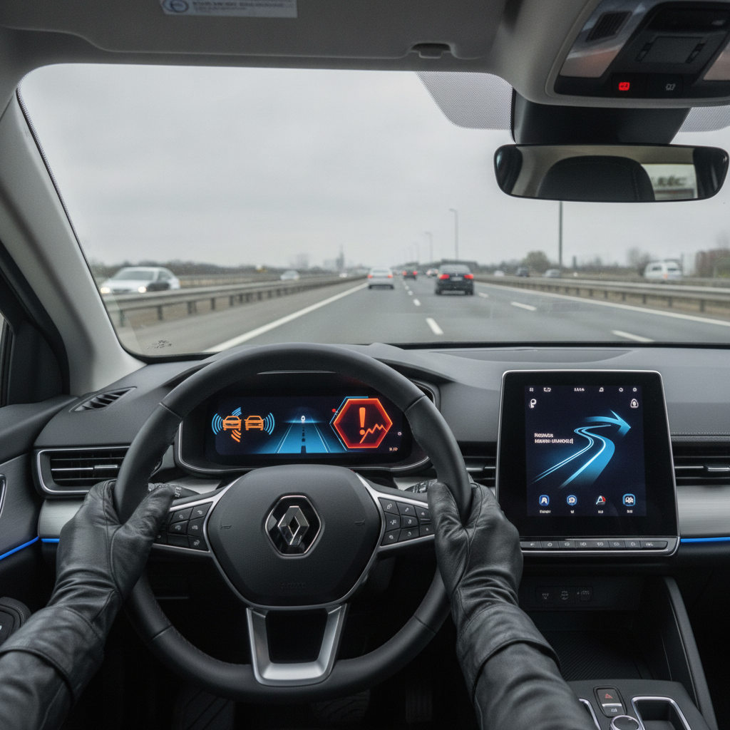 Image POV d'un conducteur dans une Renault, avec un tableau de bord numérique affichant des alertes de sécurité routière.