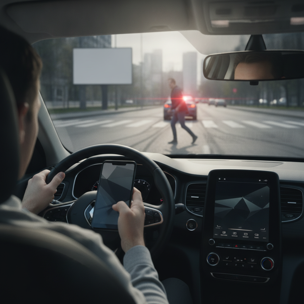 Image POV d'un conducteur distrait par son téléphone, avec un danger imminent sur la route devant une Renault.