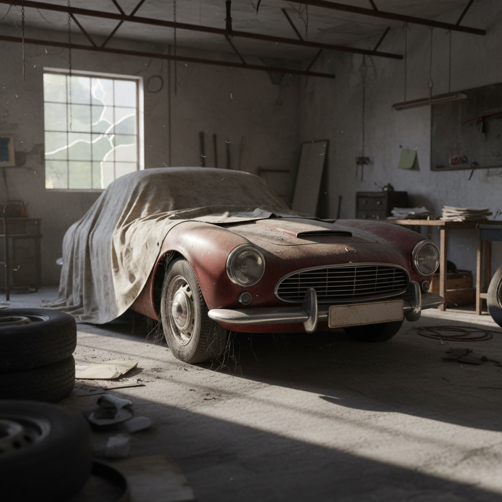 Image d'une voiture ancienne oubliée dans un garage abandonné, baignée d'une lumière douce.