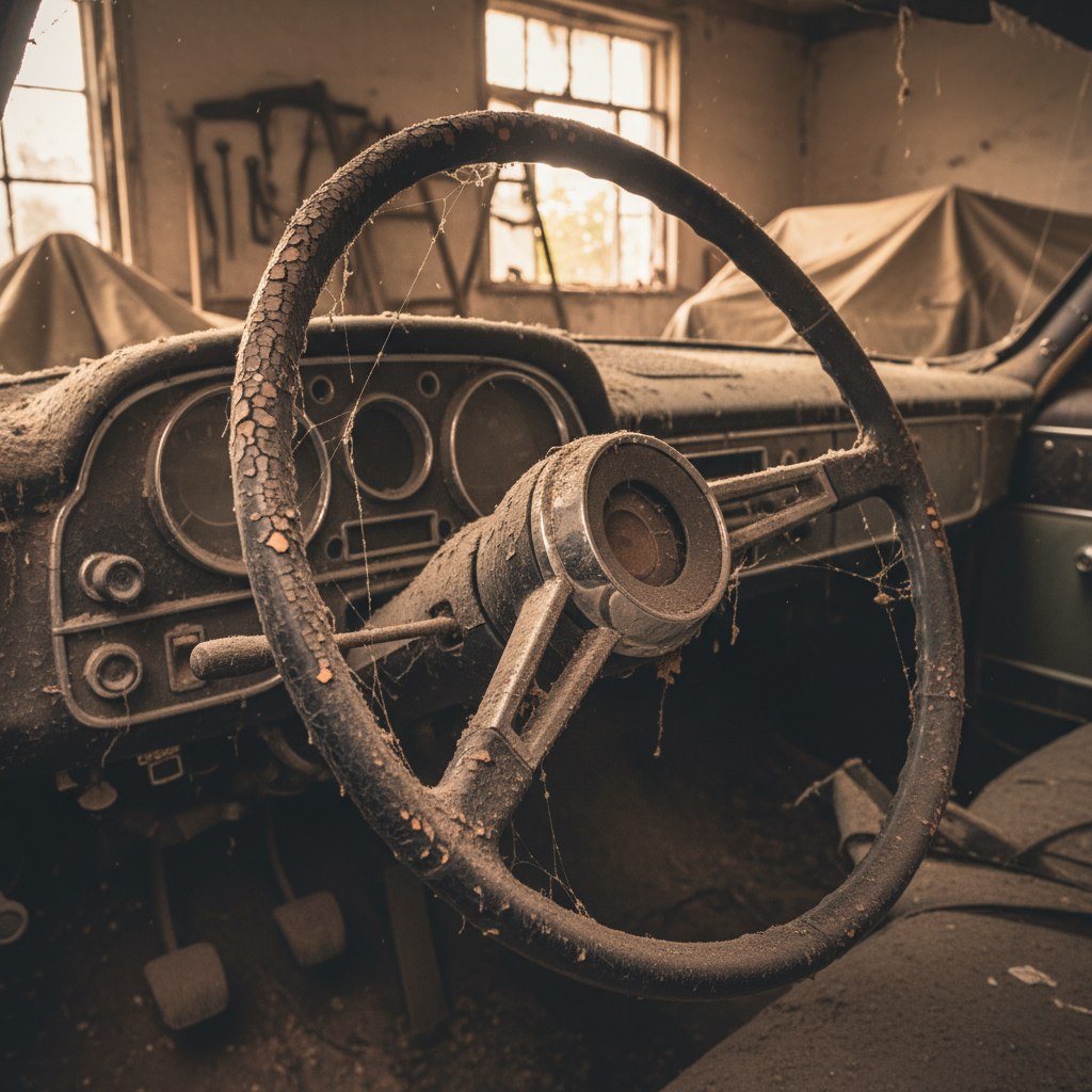 Gros plan sur un tableau de bord ancien et usé d'une voiture abandonnée.