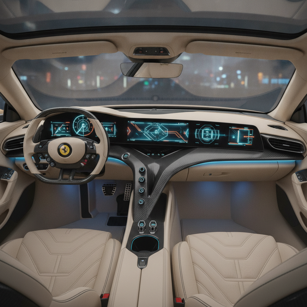 Intérieur luxueux de la Ferrari Luce, avec des sièges en cuir, un tableau de bord numérique et des accents en fibre de carbone.