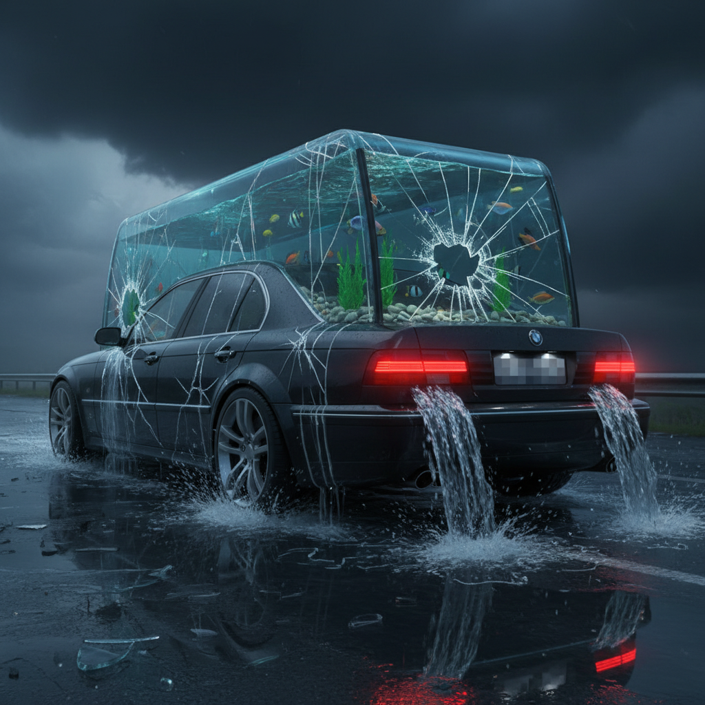 Une voiture-aquarium endommagée, avec de l'eau s'échappant, illustrant les problèmes de sécurité potentiels.