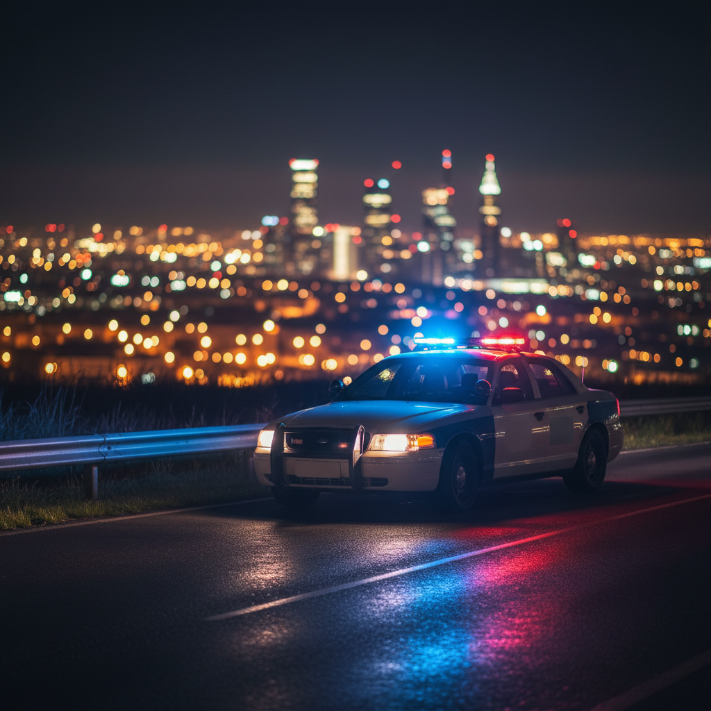 Une voiture de police avec ses gyrophares allumés la nuit, symbolisant l'intervention des autorités face aux comportements dangereux sur la route.