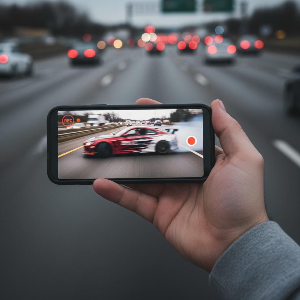 Une main tenant un smartphone qui filme une voiture effectuant une manœuvre dangereuse, illustrant la distraction au volant et la promotion de comportements à risque.