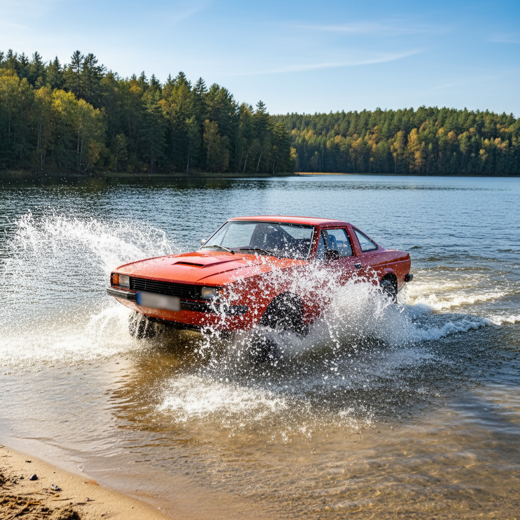 Une voiture amphibie rouge et blanche passe de la terre à l'eau, créant une éclaboussure.