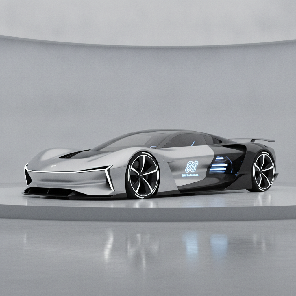 Image d'un concept car électrique futuriste, mettant en avant sa batterie haute densité et son architecture 800 volts.