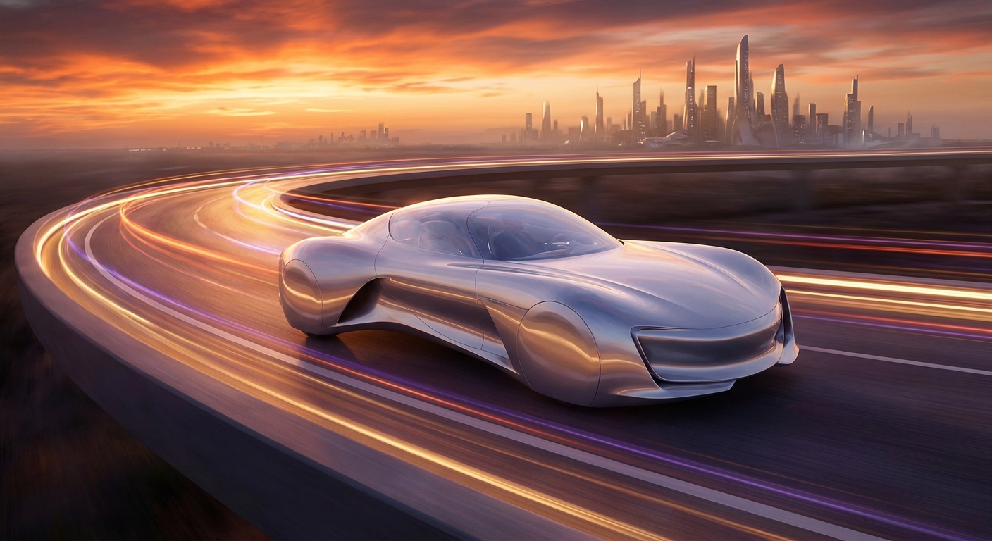 Un concept car aux formes fluides et aérodynamiques, roulant sur une route futuriste.