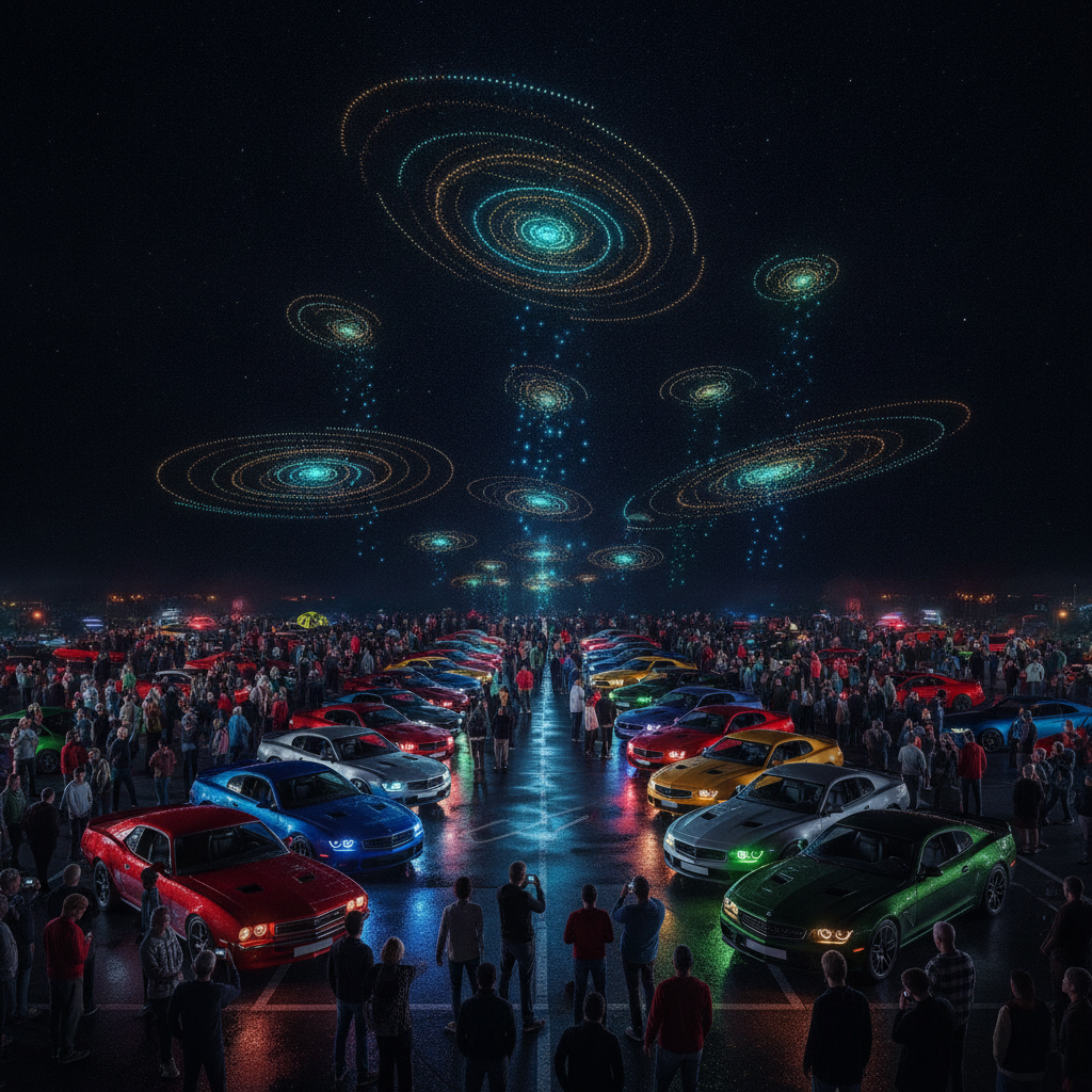 Vue aérienne d'un rassemblement de voitures de nuit, avec des drones lumineux formant des motifs complexes dans le ciel.