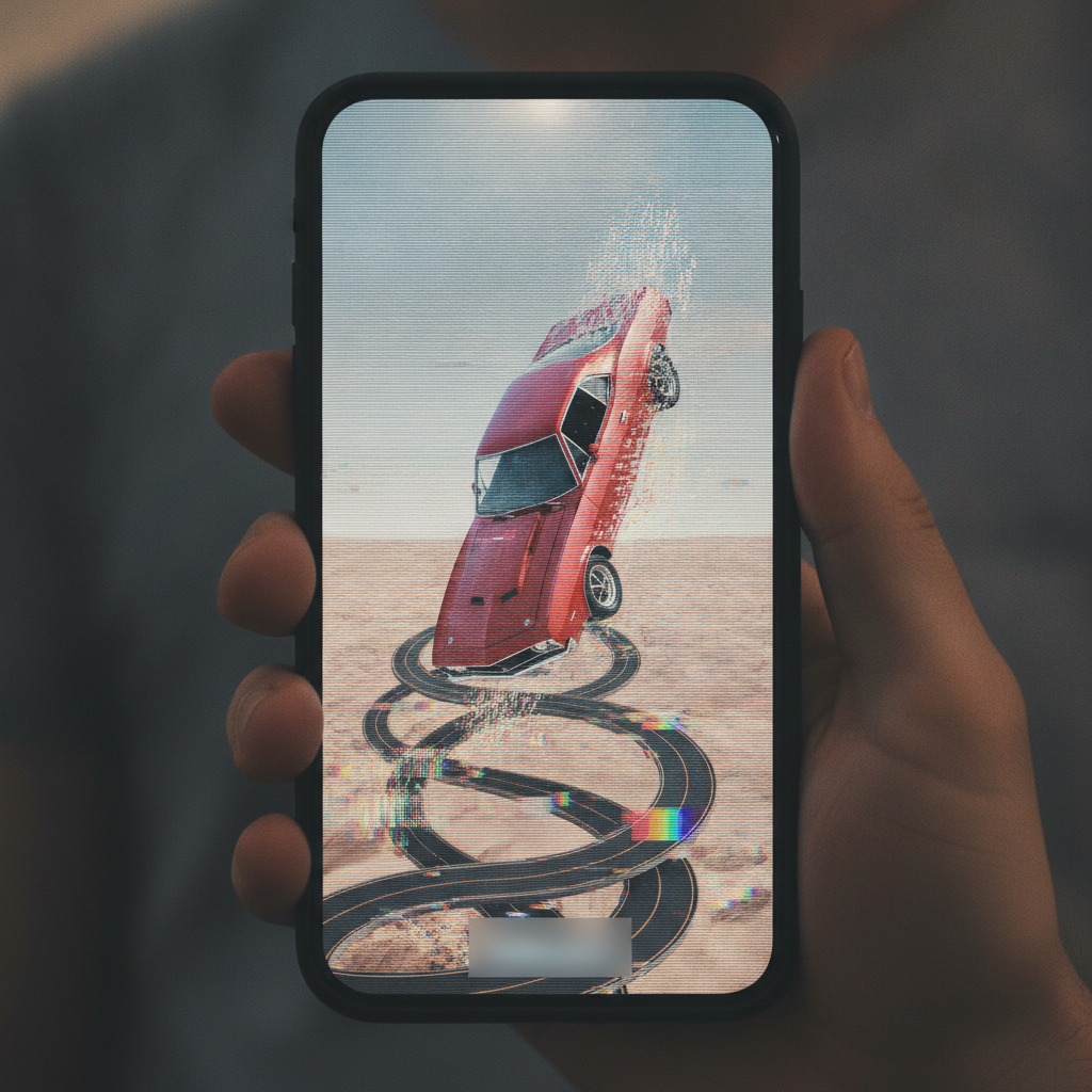 Un smartphone affichant une vidéo de voiture virale manipulée, avec des distorsions visuelles.