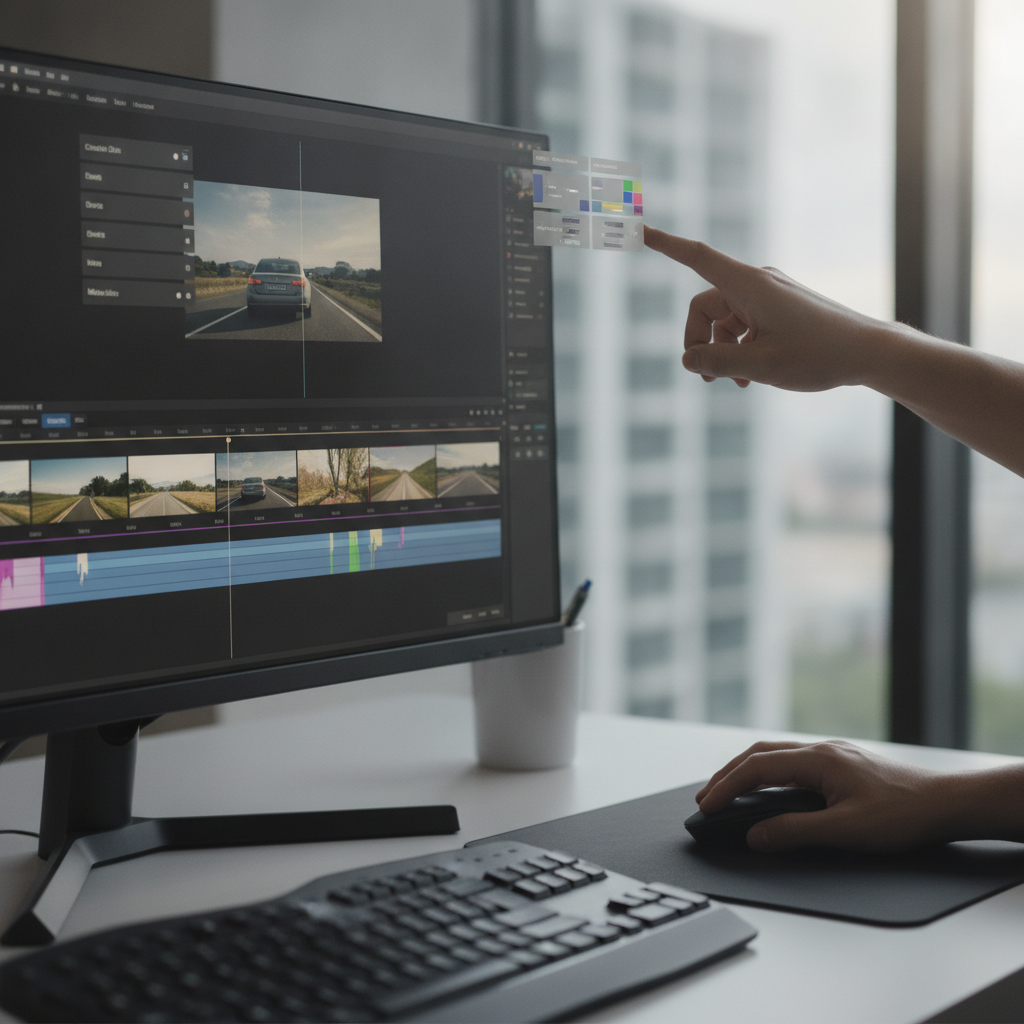 Un écran d'ordinateur affichant un logiciel d'édition vidéo avec des métadonnées, une main pointant un champ de données.