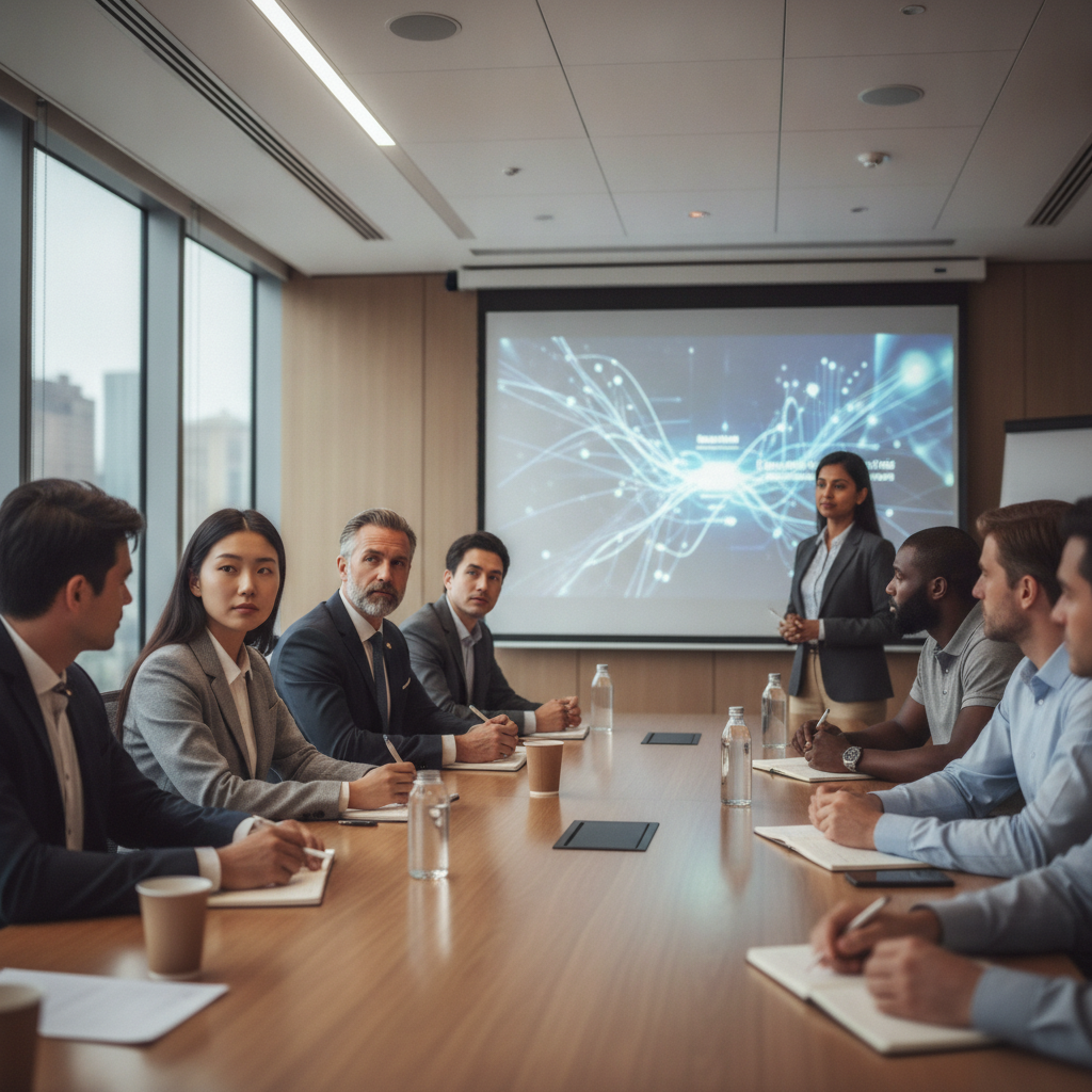 Un groupe d'employés, dont un vendeur automobile, participe à une réunion de formation sur les politiques de réseaux sociaux en entreprise.